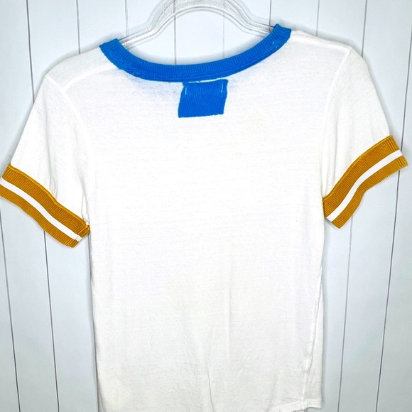 We the Free Lets Do This Ringer Tee Sporty Blue Yellow Crew Short Sleeve Retro S - Picture 11 of 11
